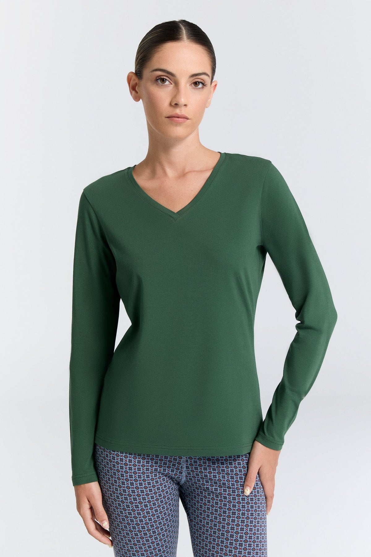 Women's V Neck Long Sleeve Top, Pine Needle — Leela Cotton