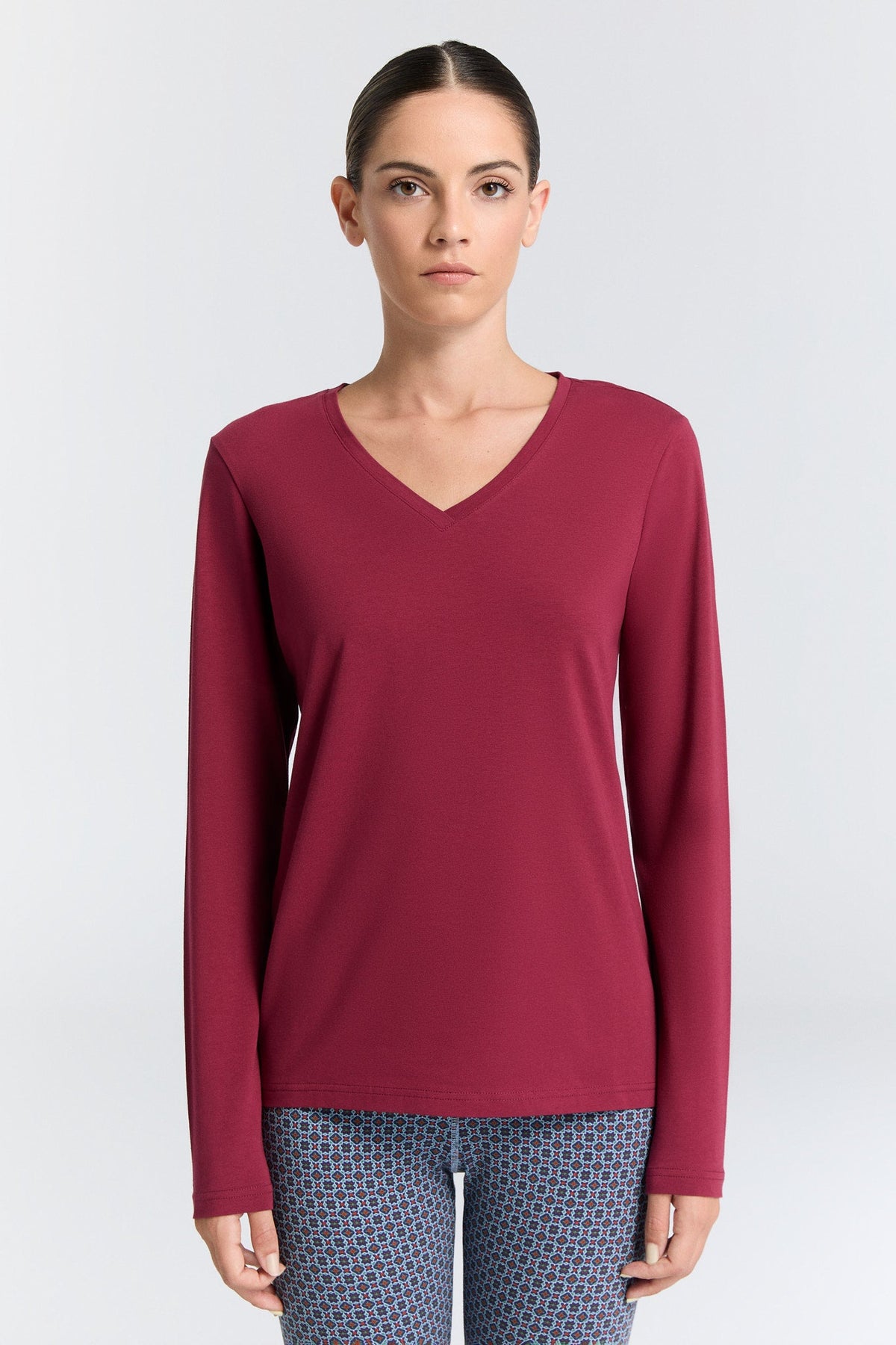 Women's V Neck Long Sleeve Top, Rose Red — Leela Cotton, view 3