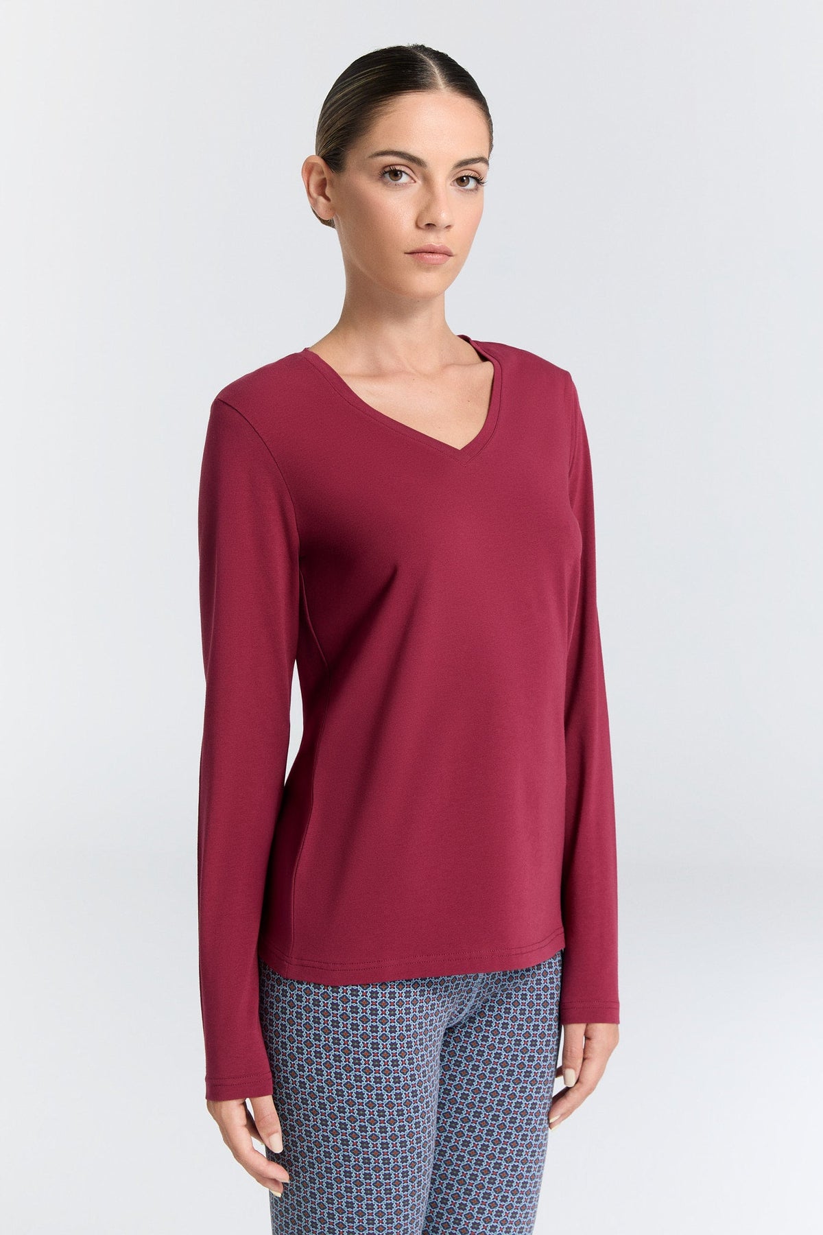 Women's V Neck Long Sleeve Top, Rose Red — Leela Cotton, view 4