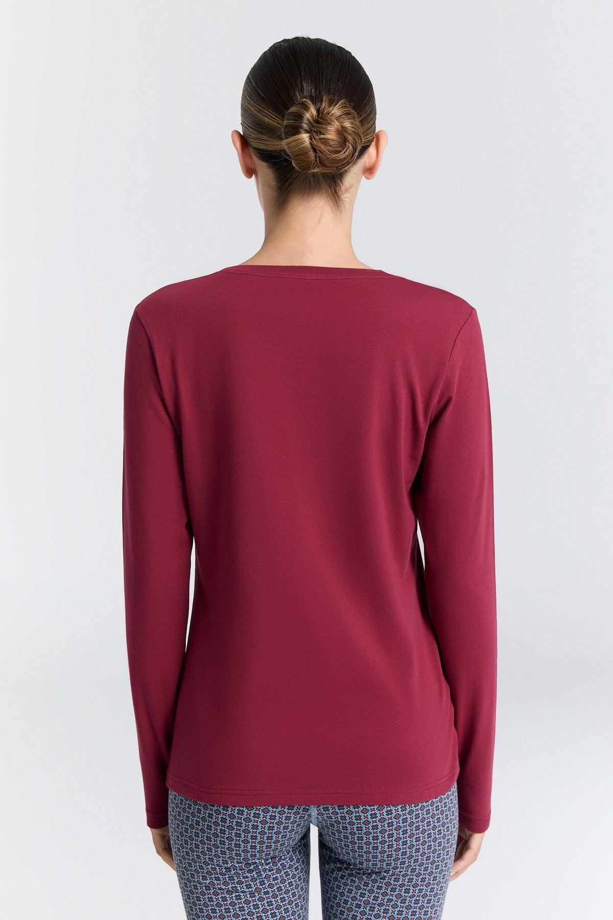 Women's V Neck Long Sleeve Top, Rose Red — Leela Cotton, view 5