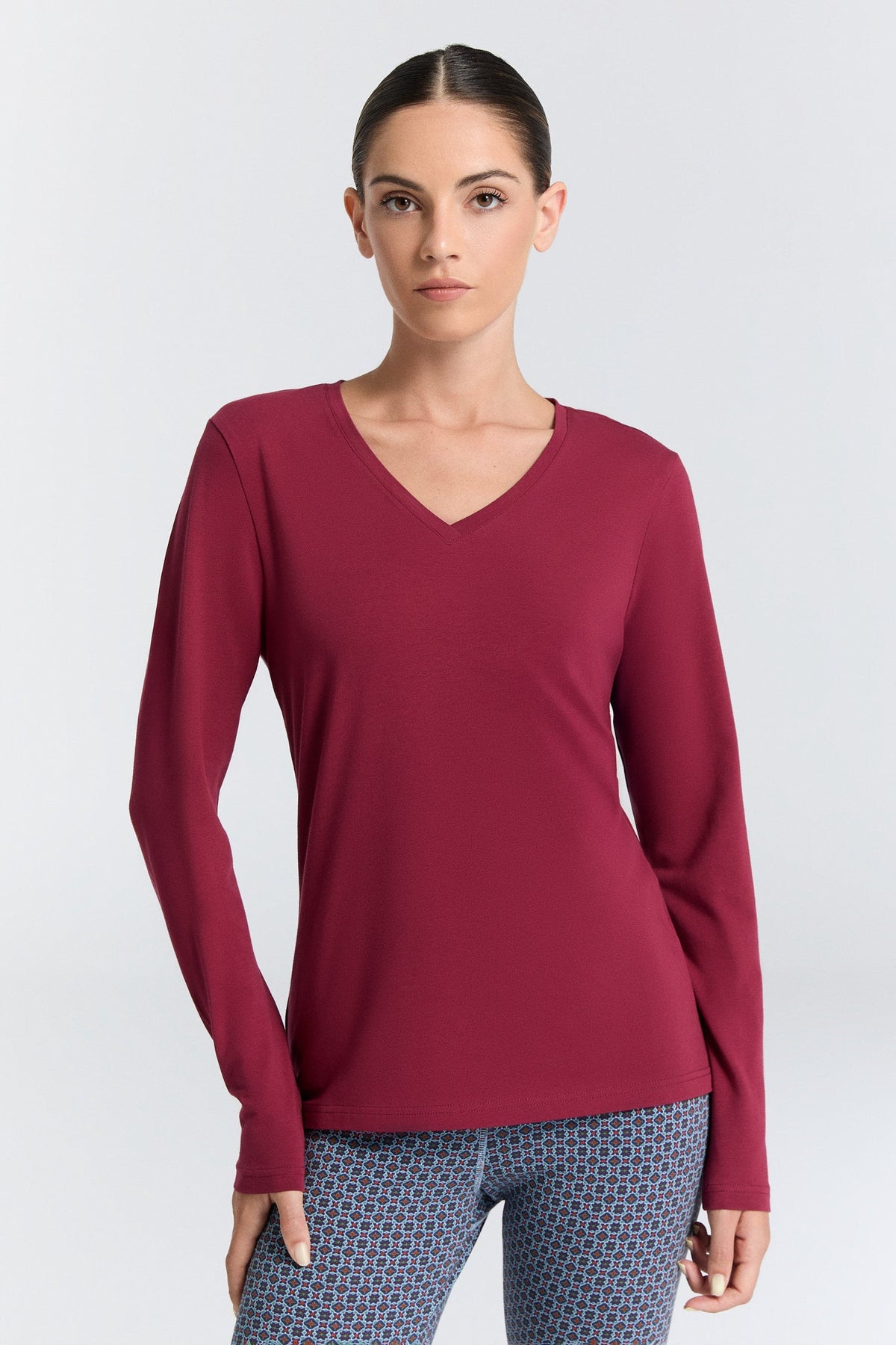 Women's V Neck Long Sleeve Top, Rose Red — Leela Cotton