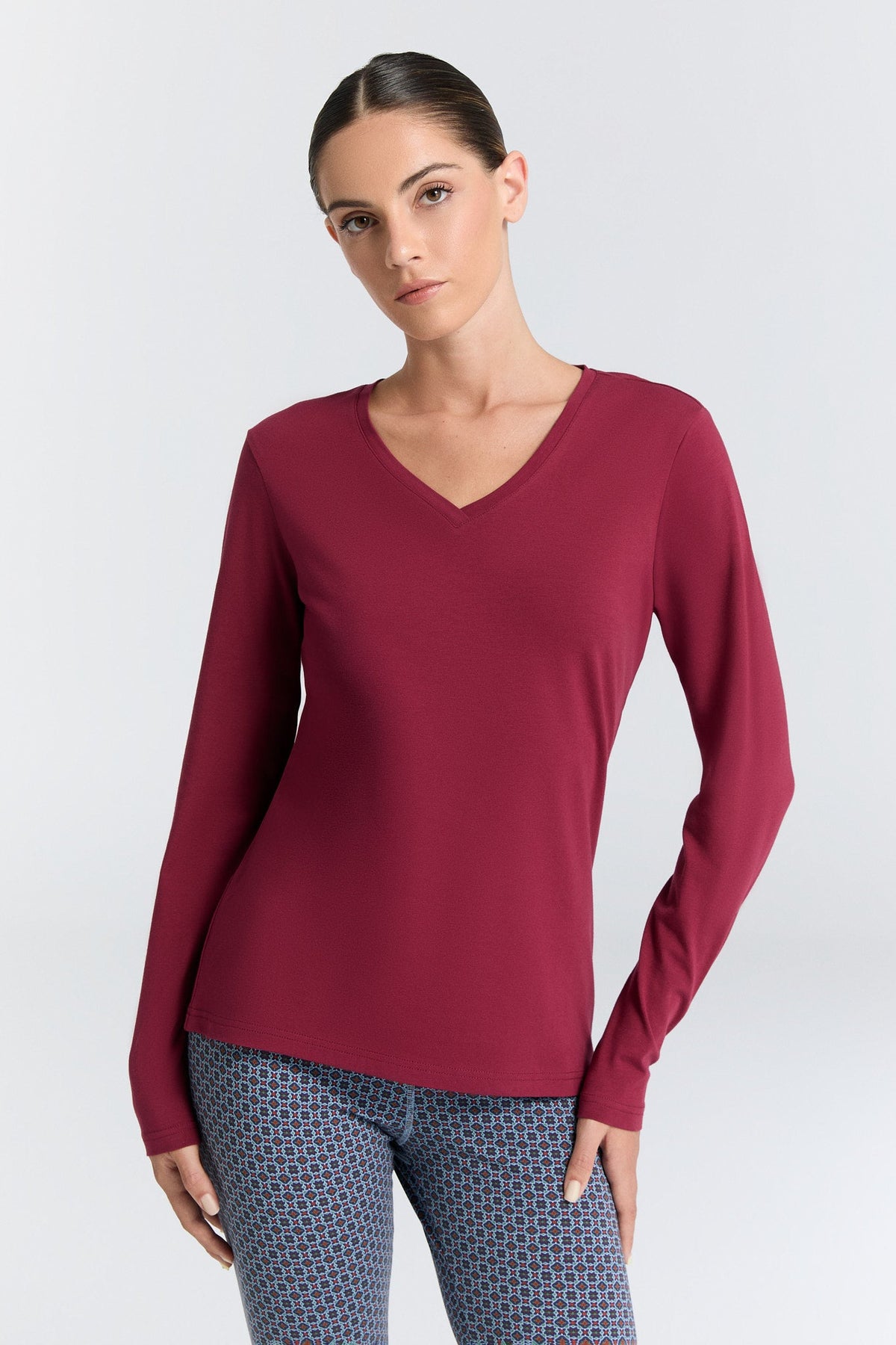 Women's V Neck Long Sleeve Top, Rose Red — Leela Cotton, view 2