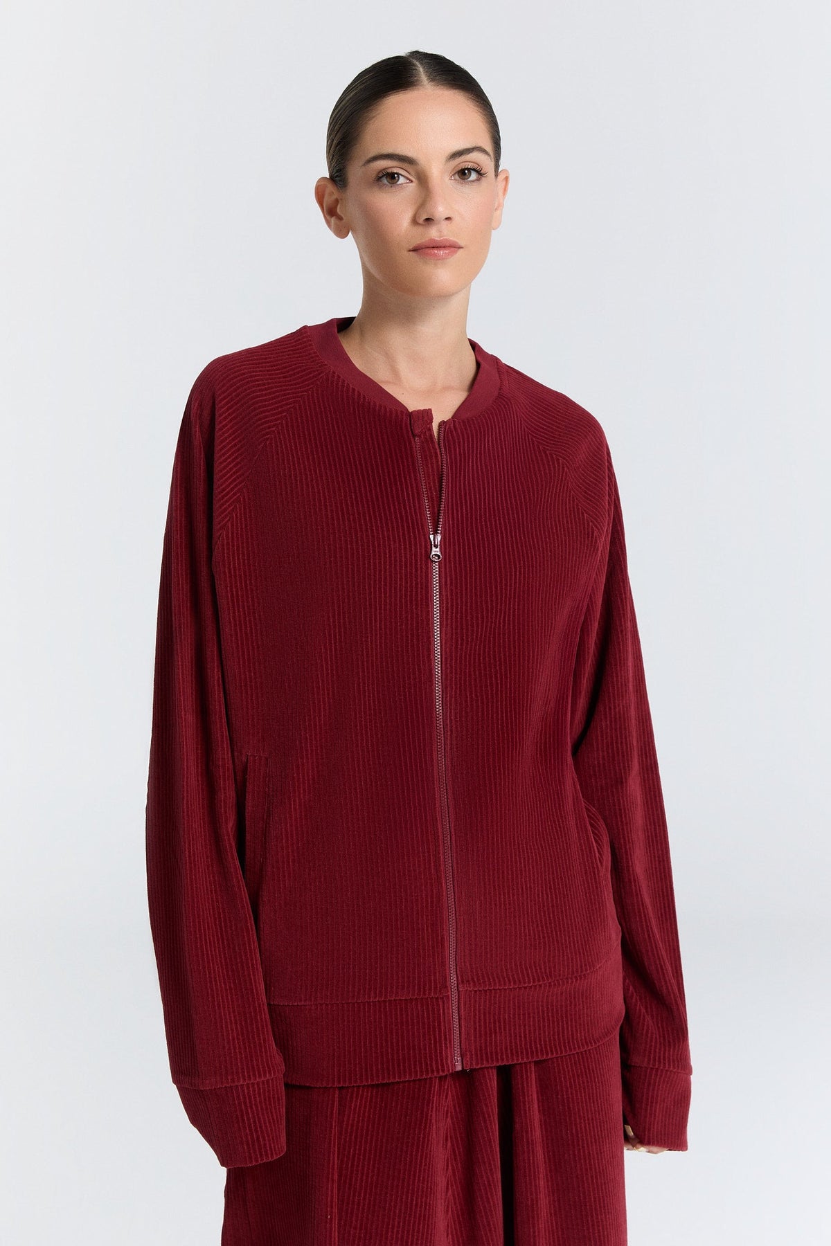 Unisex Baseball Jacket, Bordeaux — Leela Cotton, view 6