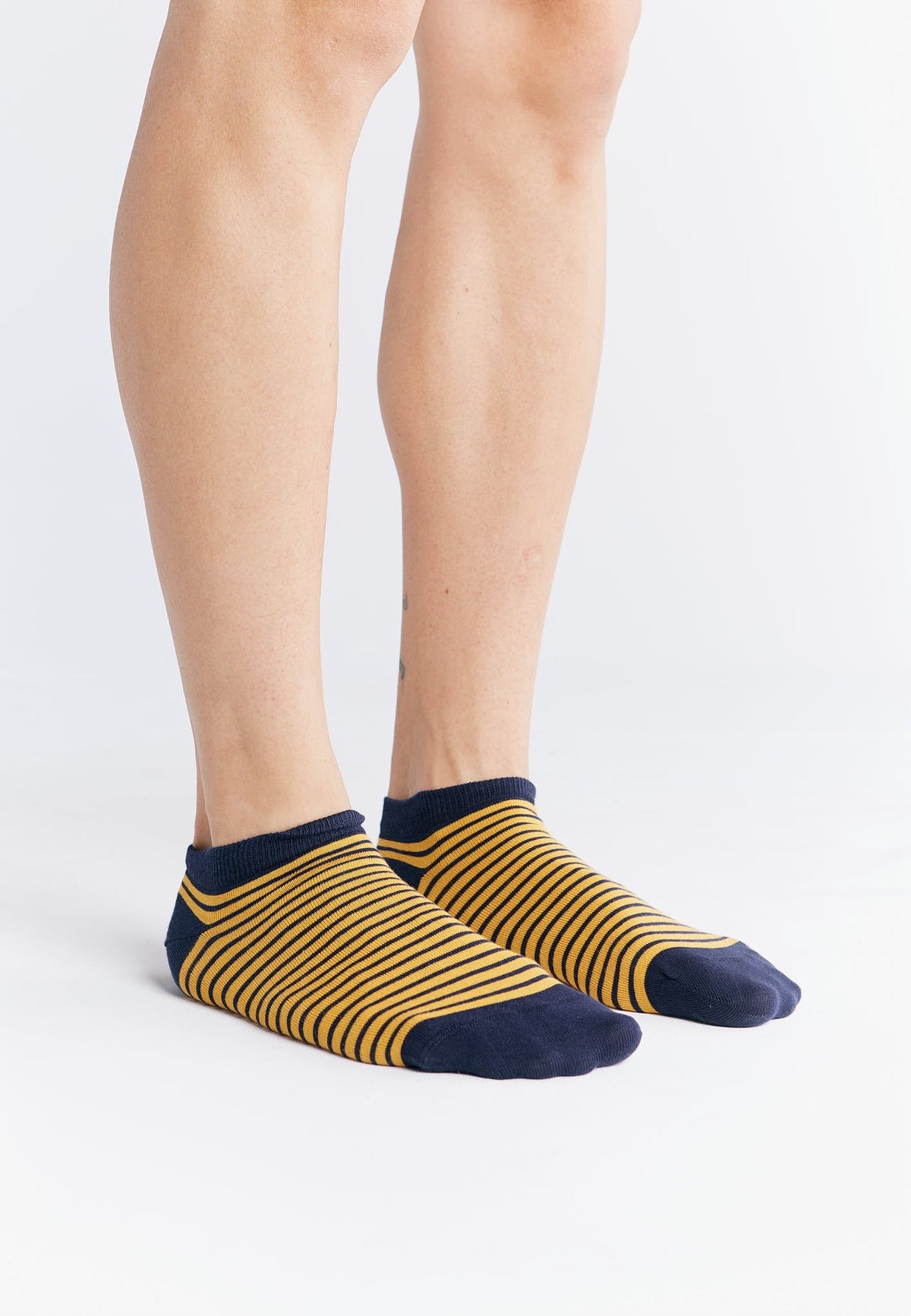 Unisex Trainer Socks, Indigo / Mustard Striped (6-Pack) — Albero Natur, view 3