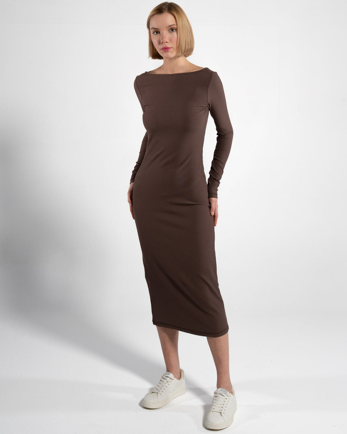 Ribbed Women's Long Sleeve Dress, Mocha Brown — GORG