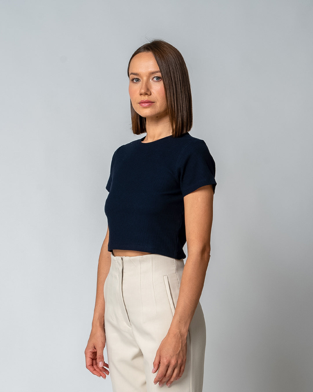 Women's Ribbed Cropped T-Shirt, Navy — GORG, view 3