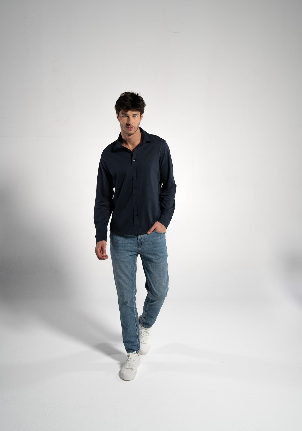 Men's Piqué Long Sleeve Shirt, Navy — GORG, view 3